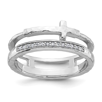 Sterling Silver Rhodium-plated Polished CZ and Hammered Cross Double Band Size 6 Ring