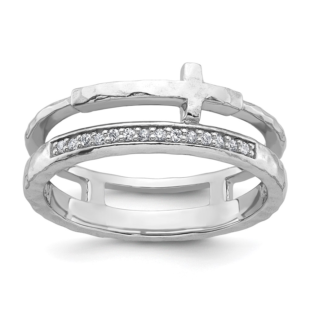 Sterling Silver Polished Rh-plated Hammered CZ Cross 2 Band Ring