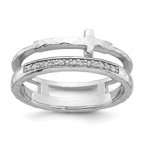 Sterling Silver Polished Rh-plated Hammered CZ Cross 2 Band Ring