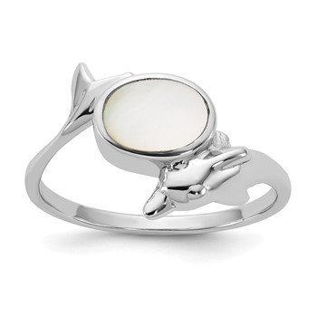 Sterling Silver Rhodium-plated Polished Oval Mother of Pearl and Dolphin Size 7 Ring