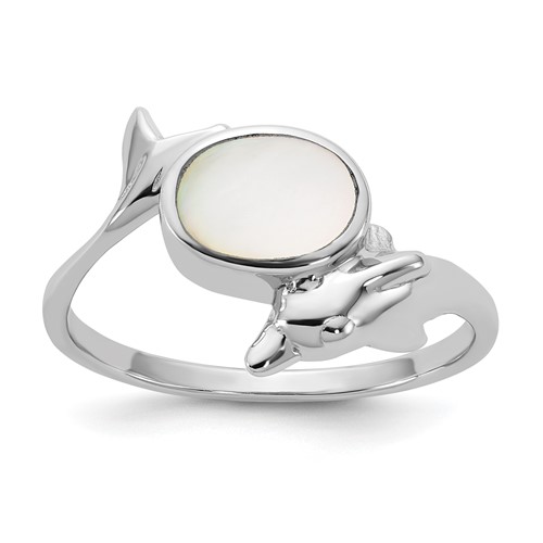 Sterling Silver Rhodium-plated Polished Mother of Pearl Dolphin Ring