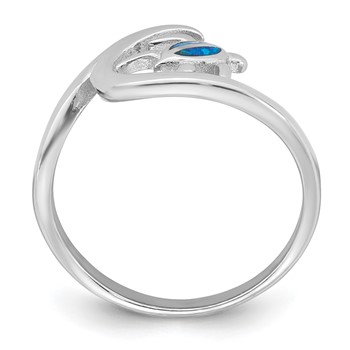 Sterling Silver Rhodium-plated Polished Blue Lab Created Opal Turtle on Wave Size 6 Ring — alternate view