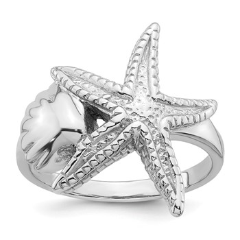 Sterling Silver Rhodium-plated Polished and Textured Sea Shell with Starfish Size 7 Ring