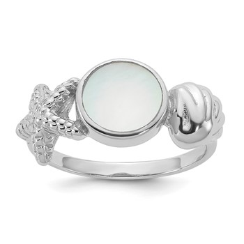 Sterling Silver Rhodium-plated Polished Oval Mother of Pearl and Sea Shell with Starfish Size 7 Ring
