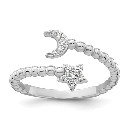 SS RH-plated Polished and Beaded Adjustable CZ Moon and Star Ring