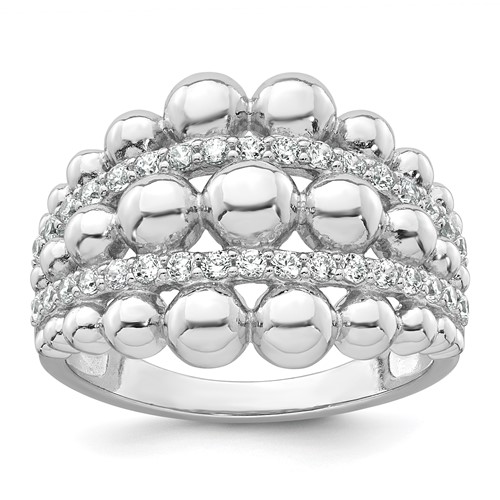 Sterling Silver Rhodium-plated Polished and Beaded Fancy CZ Ring
