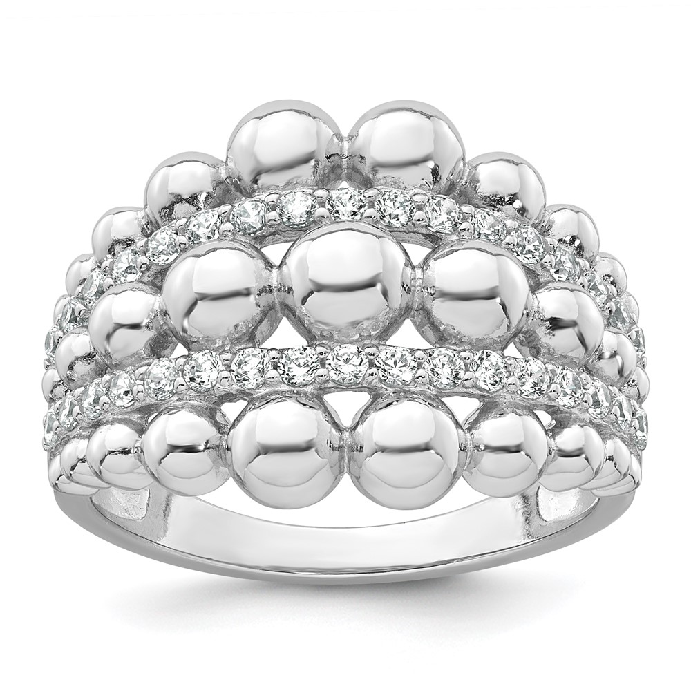 Sterling Silver Rhodium-plated Polished and Beaded Fancy CZ Ring