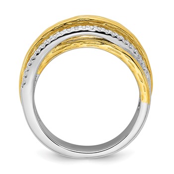 Sterling Silver Rhodium-plated and Gold-tone CZ Textured Brushed 4-Row Size 7 Ring — alternate view