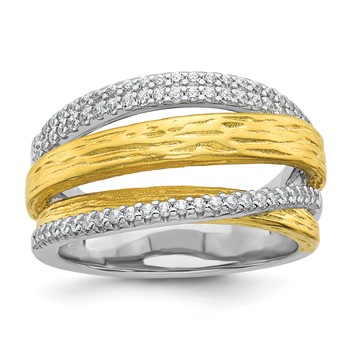 Sterling Silver Rhodium-plated and Gold-tone CZ Textured Brushed 4-Row Size 7 Ring