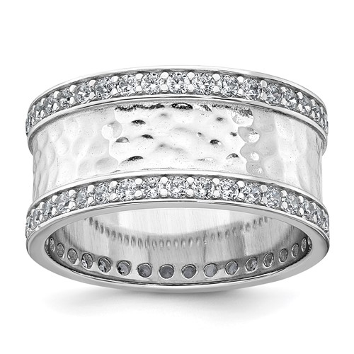 Sterling Silver Rhodium-plated CZ Polished And Textured Ring