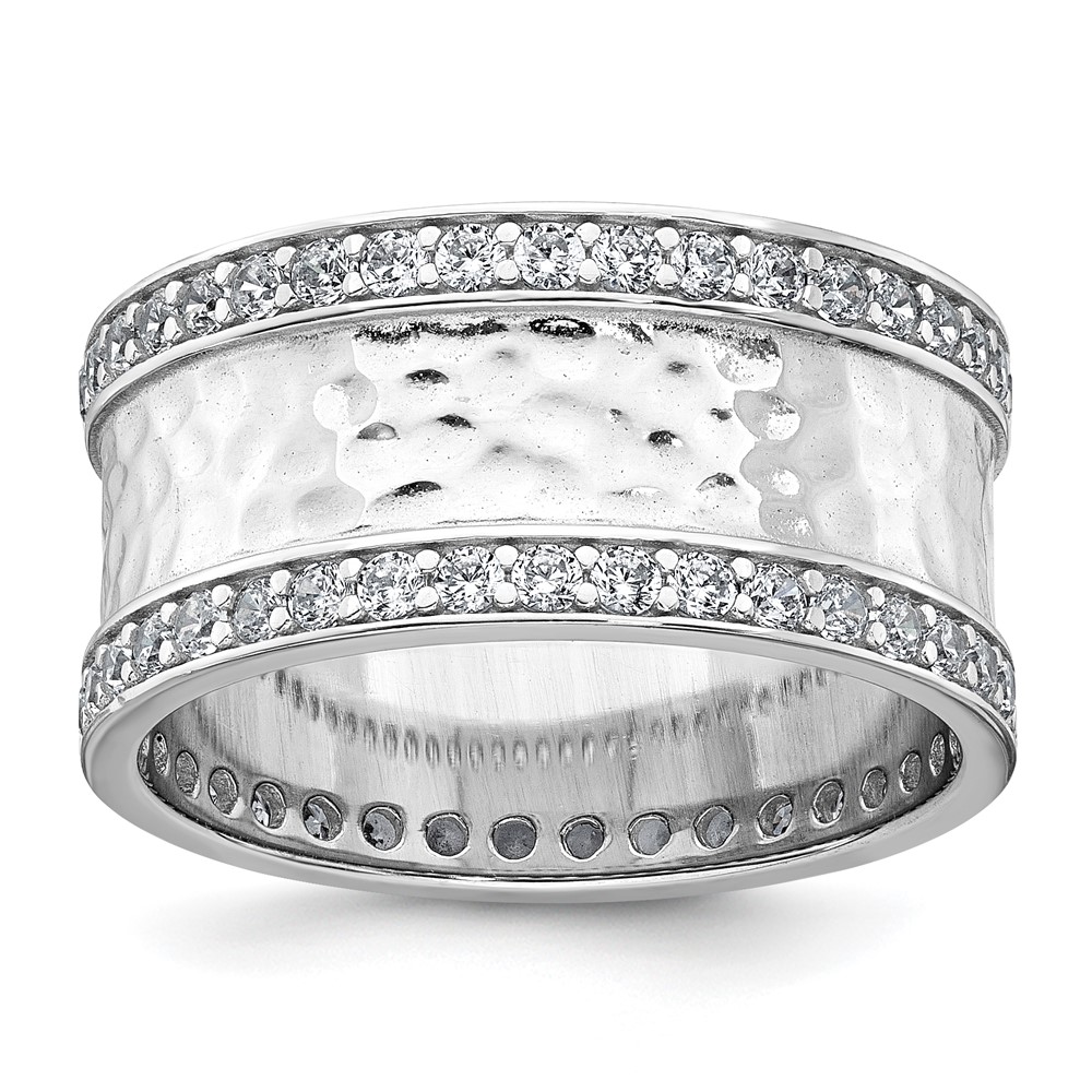 Sterling Silver Rhodium-plated CZ Polished And Textured Ring