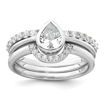 Sterling Silver Rhodium-plated Polished Pear Shape White CZ Ring with 2 Fitted CZ Bands Size 7 Three Ring Set
