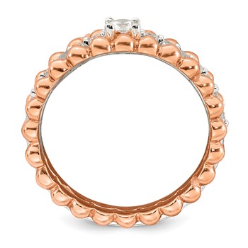 Sterling Silver and Rose-tone Polished Round White CZ Ring with 2 Beaded Bands Size 7 Three Ring Set — alternate view