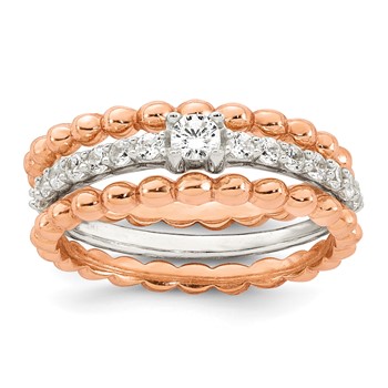 Sterling Silver and Rose-tone Polished Round White CZ Ring with 2 Beaded Bands Size 7 Three Ring Set