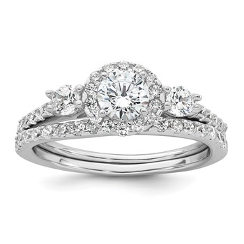 Sterling Silver Rhodium-plated Polished CZ 3-Stone Halo Size 6 Engagement Ring and Wedding Band Set