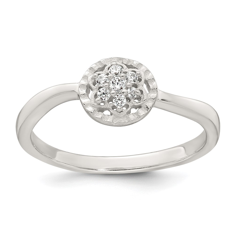 Sterling Silver Polished and Grooved CZ Flower Ring