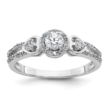 Sterling Silver Rhodium-plated Polished Round CZ Halo Double Side Heart Split Shank Size 7 Ring