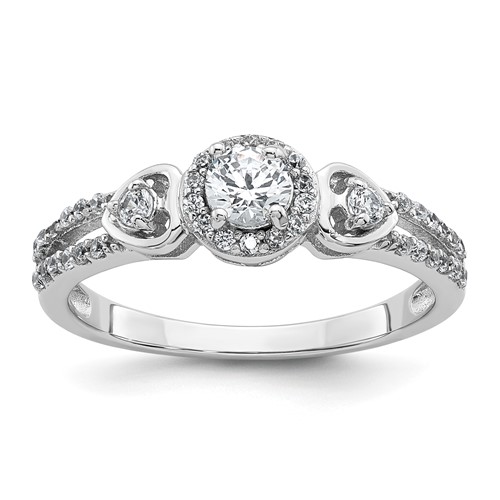 Sterling Silver RH-plated Polished CZ Halo Heart Ring