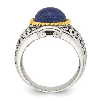 Sterling Silver Antiqued with Gold-plated Accent Polished Round Lapis Cabochon Woven Pattern Ring — alternate view