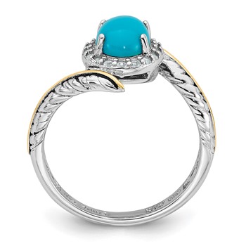 Sterling Silver Rhodium-plated with 14k Feather Accent Polished Reconstructed Turquoise Cabochon and White Topaz Ring — alternate view