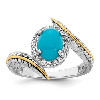 Sterling Silver Rhodium-plated with 14k Feather Accent Polished Reconstructed Turquoise Cabochon and White Topaz Ring