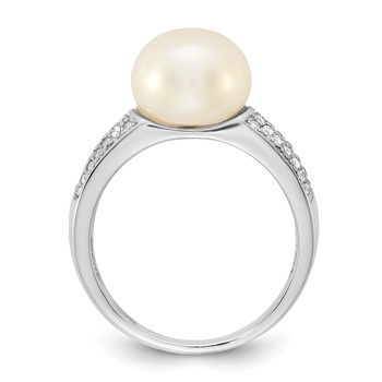 Sterling Silver Rhodium-plated 9-10mm Button White Freshwater Cultured Pearl and CZ Size 7 Ring — alternate view