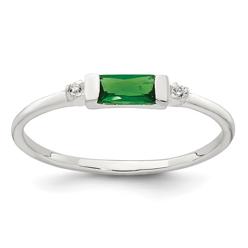 Sterling Silver Polished Green and White Rectangular CZ Ring