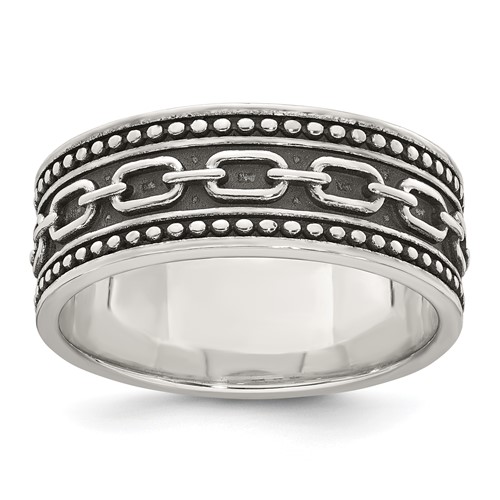Sterling Silver Polished Beaded Antiqued Chain Link Men's Ring