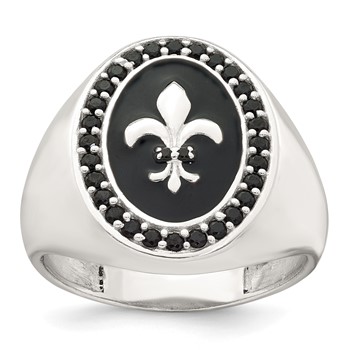 Sterling Silver Polished Fleur de Lis Black Enameled and Black Nano Crystals Size 10 Mens Signet Ring