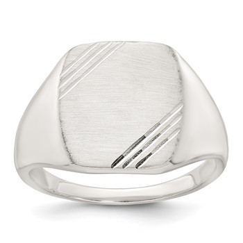Sterling Silver Polished Brushed and Grooved 15.3mm x 13.2mm Rectangle Closed Back Size 10 Mens Signet Ring