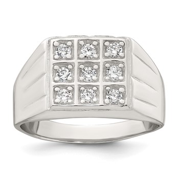 Sterling Silver Polished and Grooved White CZ Square Size 11 Mens Ring