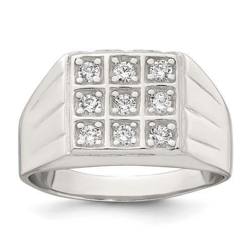Sterling Silver Polished and Grooved CZ Square Men's Ring