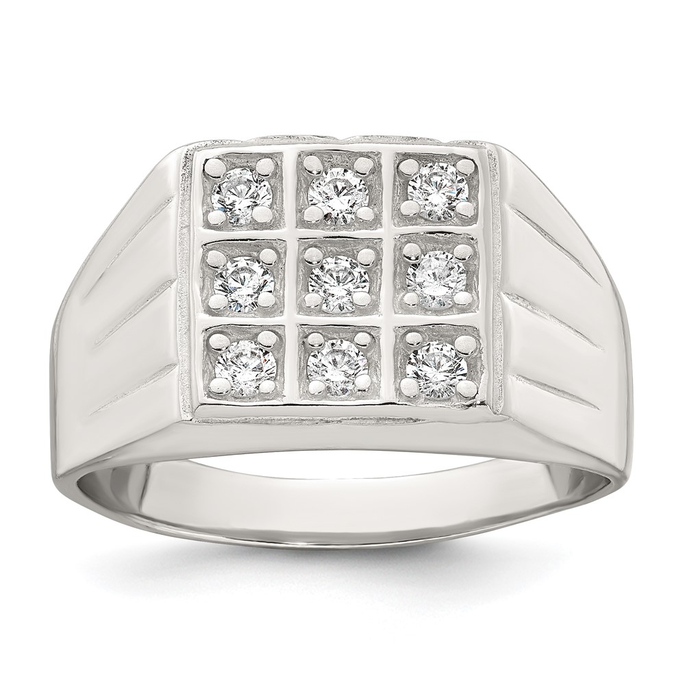 Sterling Silver Polished and Grooved CZ Square Men's Ring