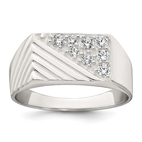 Sterling Silver Polished and Grooved CZ Men's Ring