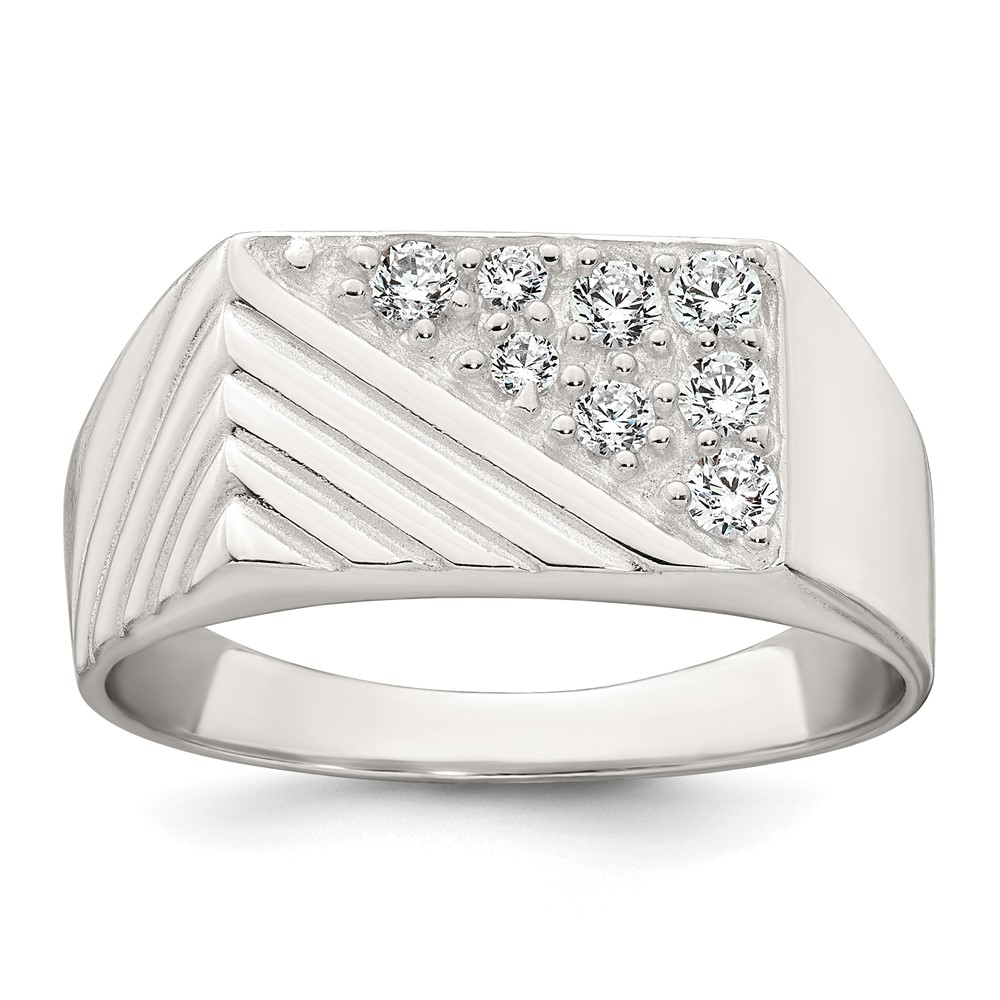Sterling Silver Polished and Grooved CZ Men's Ring