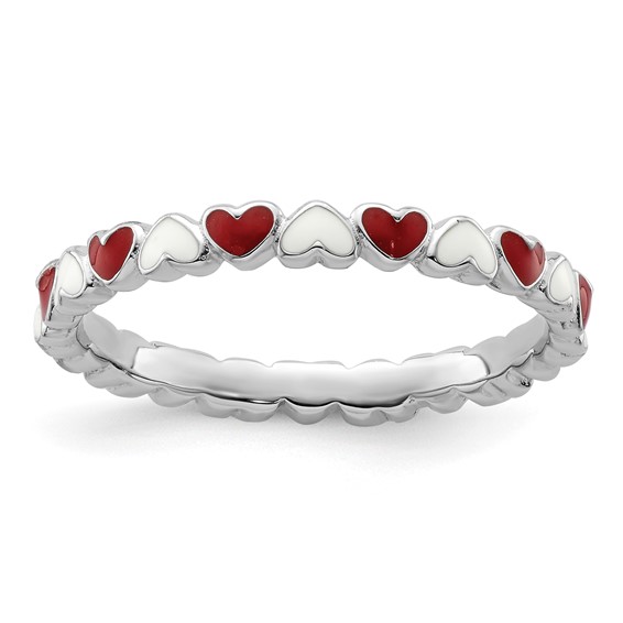 Sterling Silver Stackable Expressions Red & White Enamel Heart