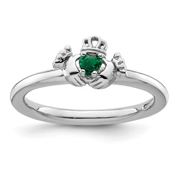 Sterling Silver Stackable Expressions Rhd. Cr. Emerald Claddagh Ring