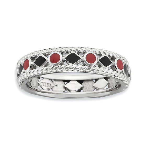 Sterling Silver Stackable Expressions Polished Red/Black Enameled