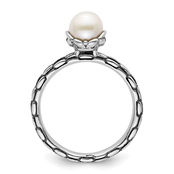 Sterling Silver Stack Exp. Polished Patterned White FW Cultured Pearl Ring — alternate view