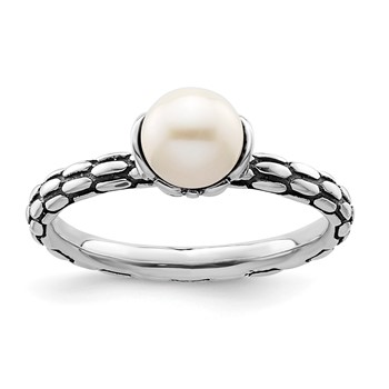 Sterling Silver Stack Exp. Polished Patterned White FW Cultured Pearl Ring