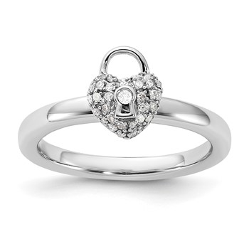 Sterling Silver Stackable Expressions Polished Diamond Heart Lock Ring