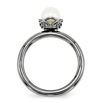 Sterling Silver Stack Exp. White FW Cultured Pearl Black-plate Ring — alternate view