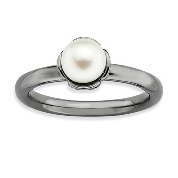 Sterling Silver Stack Exp. White FW Cultured Pearl Black-plate Ring