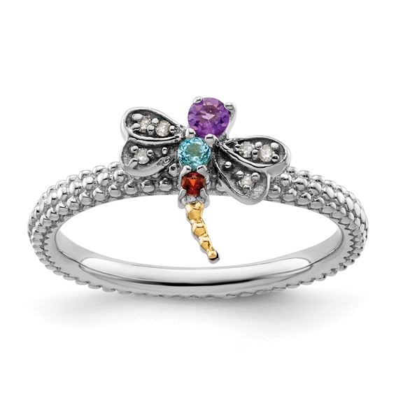 Sterling Silver & 14k Gold Stackable Expressions Gemstone Diamond Dragonfly Ring Sterling Silver & 14k Gold Stackable Expressions Gemstone Diamond Dragonfly Ring