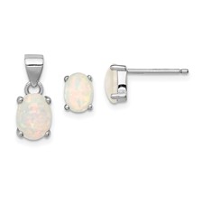 Image of Sterling Silver Rhod-plate Oval Created Opal Pendant/Earrings Set