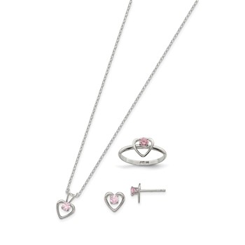 Sterling Silver Polished Pink CZ Heart Children's 15in Necklace, Size 3 Ring & Post Earrings Set — alternate view