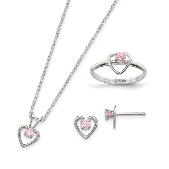 Sterling Silver Children's Pink CZ Heart Necklace and Stud Earrings Set Sterling Silver Children's Pink CZ Heart Necklace and Stud Earrings Set