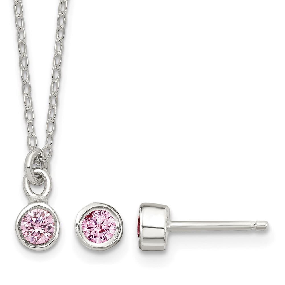 Sterling Silver Pink Bezel CZ Necklace and Stud Earrings Set