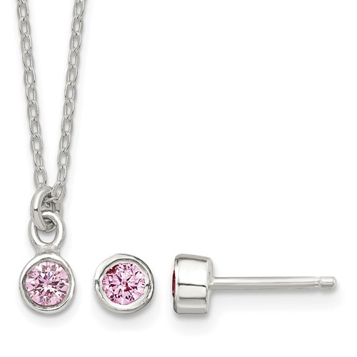 Sterling Silver Pink Bezel CZ Necklace and Stud Earrings Set