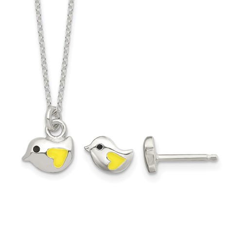 Sterling Silver Yellow Enamel Bird Necklace & Post Earrings Set